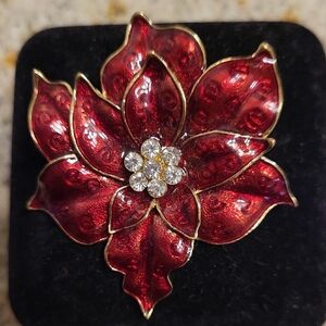 Red and Gold Enamel  Floral Brooch w/ CZ Center/RAISING $ 4 KIDNEY TRANSPLANT